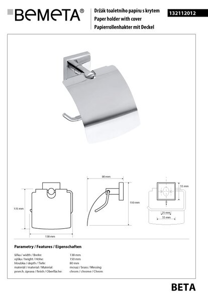 Bemeta Design BETA: Držiak toaletného papiera, s krytom - 132112012