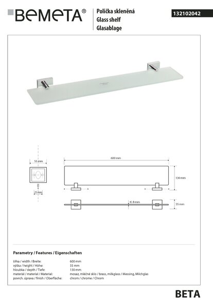 Bemeta Design BETA: Polička, 600 mm, sklo - 132102042