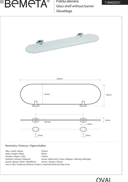 Bemeta Design OVAL: Polička, 520 mm, sklo - 118402031
