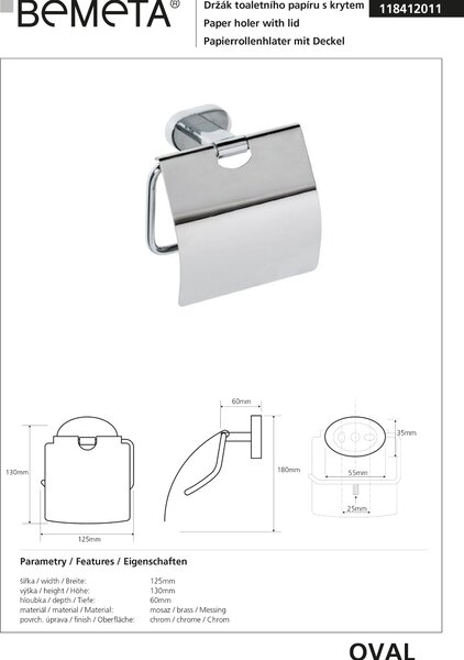 Bemeta Design OVAL: Držiak toaletného papiera, s krytom - 118412011