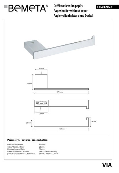 Bemeta Design VIA: Držiak toaletného papiera - 135012022