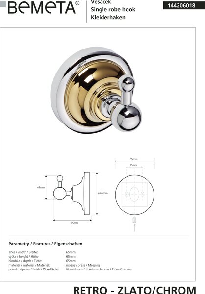 Bemeta Design RETRO gold-chrom: Háčik - 144206018