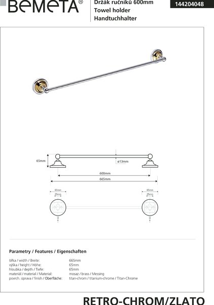Bemeta Design RETRO gold-chrom: Držiak uterákov, 600 mm - 144204048