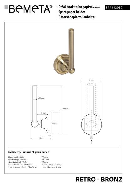 Bemeta Design RETRO bronz: Držiak toaletného papiera, rezervný - 144112037