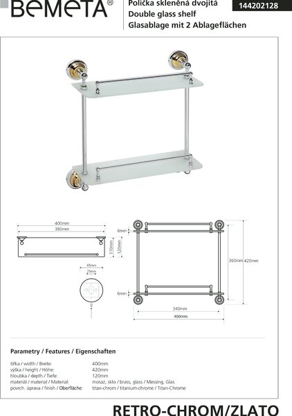 Bemeta Design RETRO gold-chrom: Polička, 400 mm, dvojitá, sklo - 144202128