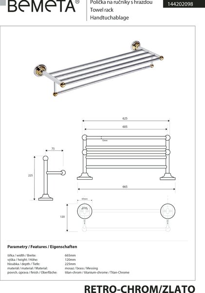 Bemeta Design RETRO gold-chrom: Držiak uterákov, 605 mm, s hrazdou - 144202098