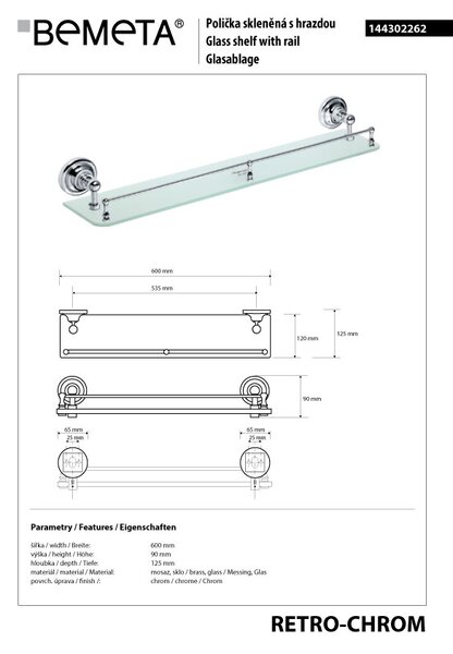 Bemeta Design RETRO chróm: Polička, 600 mm, s hrazdou, sklo - 144302262