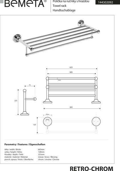 Bemeta Design RETRO chróm: Držiak uterákov, 605 mm, s hrazdou - 144302092