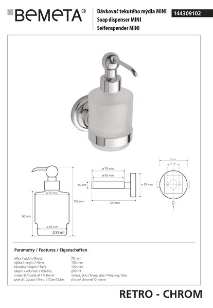 Bemeta Design RETRO chróm: Dávkovač mydla, 200 ml - 144309102