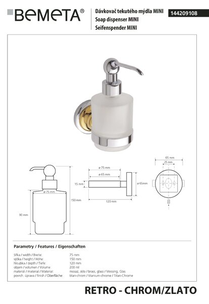 Bemeta Design RETRO gold-chrom: Dávkovač mydla, 200 ml - 144209108