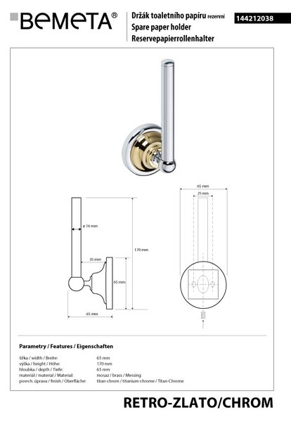 Bemeta Design RETRO gold-chrom: Držiak toaletného papiera, rezervný - 144212038