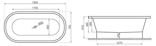 Polimat Akrylátová voľne stojaca vaňa Amona New 150x75 POLIMAT-Rozmery: 150x75, POLIMAT-Farba vane: Biela / biela lesk