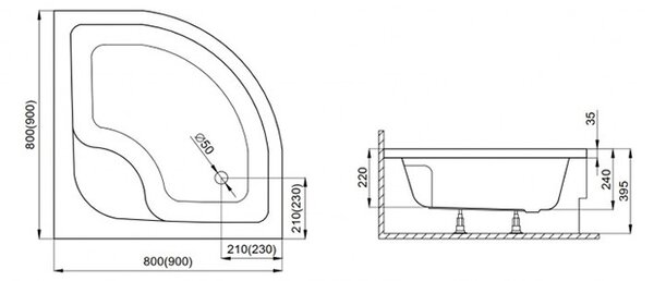 Polimat Štvrťkruhová akrylátová sprchová vanička Pako 3 80x80 (90x90) POLIMAT-Farba: Biela, POLIMAT-Rozmery: 80x80