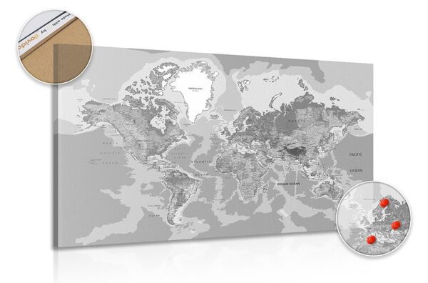 Obraz na korku klasická mapa sveta v čiernobielom prevedení