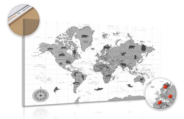 Obraz na korku mapa so zvieratami v čiernobielom prevedení