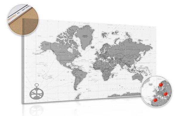 Obraz na korku štýlová mapa s kompasom v čiernobielom prevedení