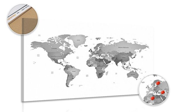 Obraz na korku mapa sveta vo farbách čiernobielej
