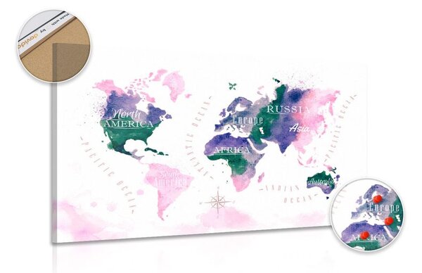 Obraz na korku mapa sveta v akvarelovom prevedení