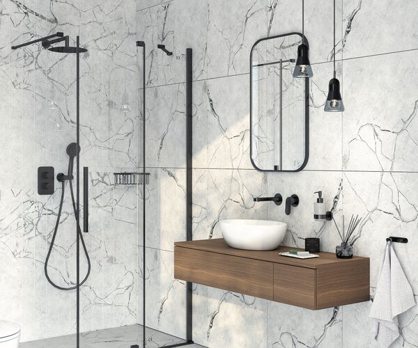 Deante Sprchová zastena Walk-in Prizma, posuvná - KTJ N39R 90 cm, čierna - bez vaničky