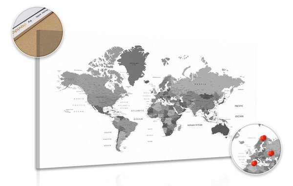 Obraz na korku mapa sveta v čiernobielej farbe