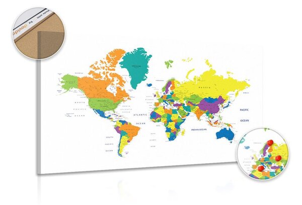 Obraz na korku farebná mapa sveta na bielom pozadí