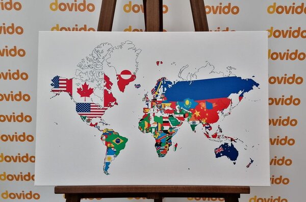 Obraz na korku mapa sveta s vlajkami s bielym pozadím