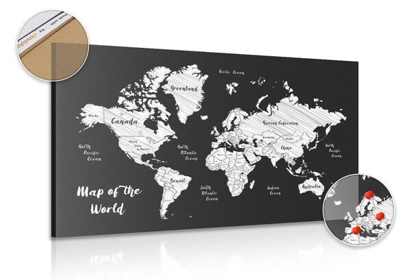 Obraz na korku čiernobiela jedinečná mapa sveta