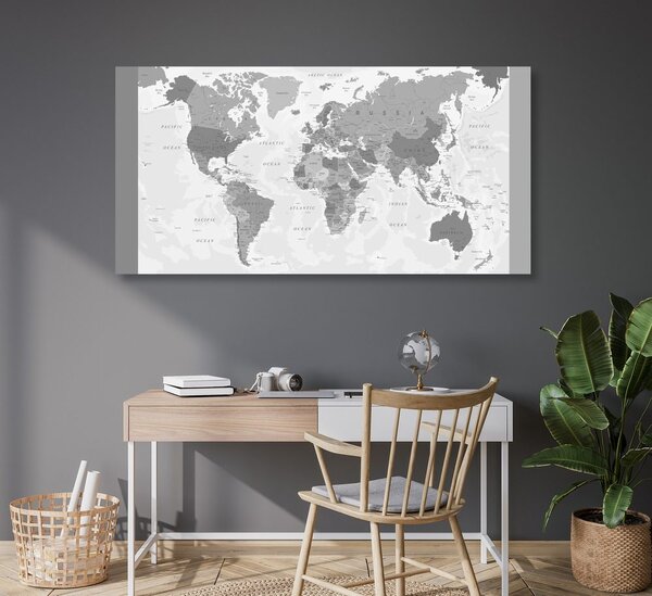 Obraz na korku podrobná mapa sveta v čiernobielom prevedení