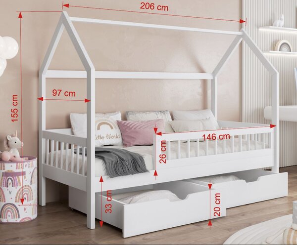 MAXMAX Detská domčeková posteľ z masívu borovice GAJA so šuplíkmi - 200x90 cm - šedá