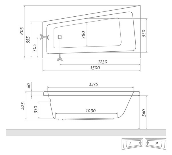Roth Asymetrická akrylátová vaňa EVA SIDE ROTH-Variant: rozmery: 150x80 cm, orientácia: ľavá - (EVA SIDE L - 9780000)