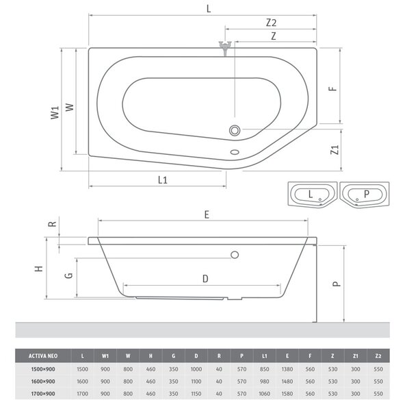 Roth Asymetrická akrylátová vaňa ACTIVA NEO ROTH-Variant: rozmery: 150x90 cm, orientácia: Pravá - (ACTIVA NEO 150 P - 9850000)