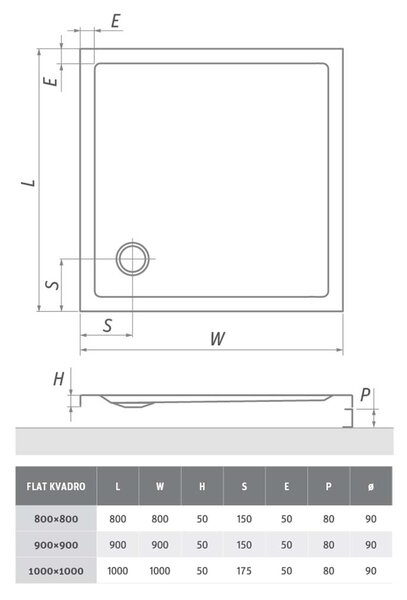 Roth Štvorcová akrylátová sprchová vanička FLAT KVADRO ROTH-Variant: rozmery: 80x80 cm - (FLAT KVADRO 800x800 - 8000118)