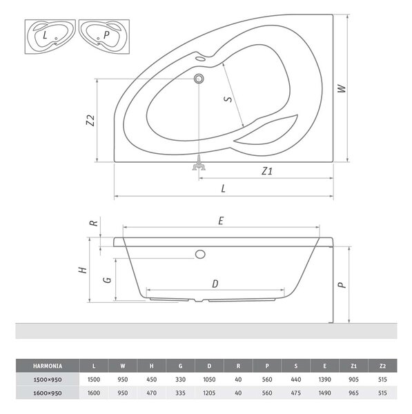 Roth Asymetrická akrylátová vaňa HARMONIA ROTH-Variant: rozmery: 150x95 cm, orientacia: Lava - (HARMONIA 150 L - 9800000)