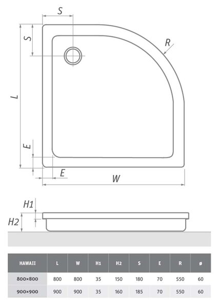 Roth Štvrťkruhová akrylátová sprchová vanička HAWAII ROTH-Variant: rozmery: 80x80 cm - (HAWAII 800 - 8000007)