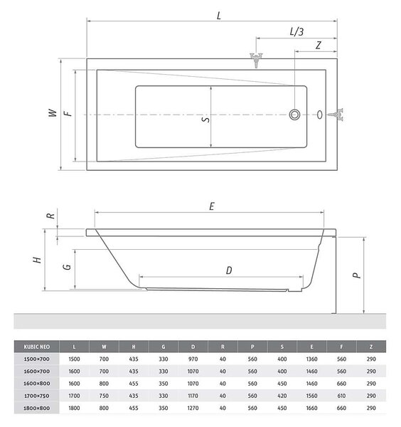 Roth Obdĺžniková akrylátová vaňa KUBIC NEO ROTH-Variant: rozmery: 150x70 cm - (KUBIC NEO 150x70 - 9300000)