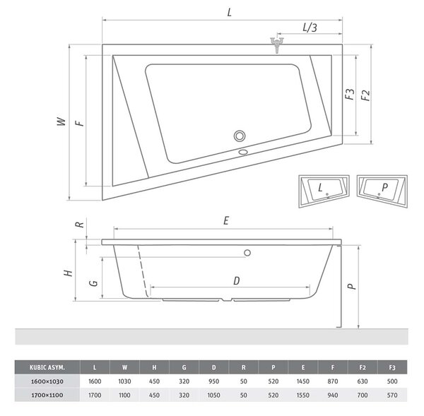 Roth Asymetrická akrylátová vaňa KUBIC ASYMMETRIC ROTH-Variant: rozmery: 160x103 cm, orientácia: Ľavá - (KUBIC Asymetrická 160 L - 9660000)