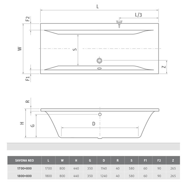 Roth Obdĺžniková akrylátová vaňa SAVONA NEO ROTH-Variant: rozmery: 170x80 cm - (SAVONA NEO 170 - 9290000)