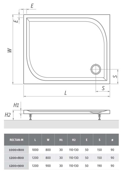Roth Obdĺžniková sprchová vanička z liateho mramoru RECTAN-M ROTH-Variant: rozmery: 90x80 cm - (RECTAN-M 900x800 - 8000450)