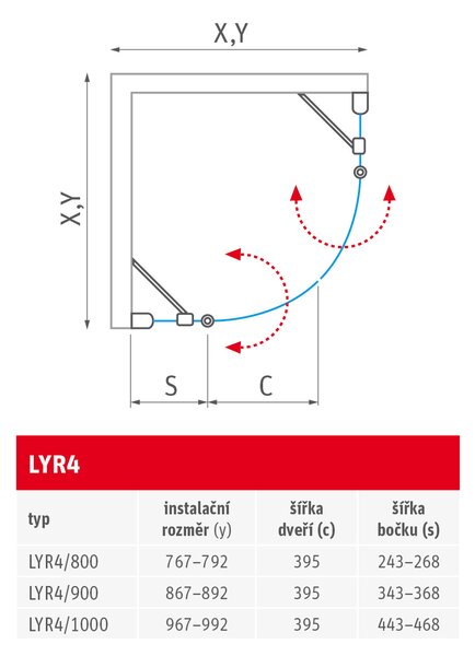 Roth Štvrťkruhový sprchovací kút LYR4 - bez vaničky ROTH-Variant: rozmery: 80x80 cm - (LYR4 800 - 1135008265), ROTH-Profily: profily: brillant, výplň: transparent