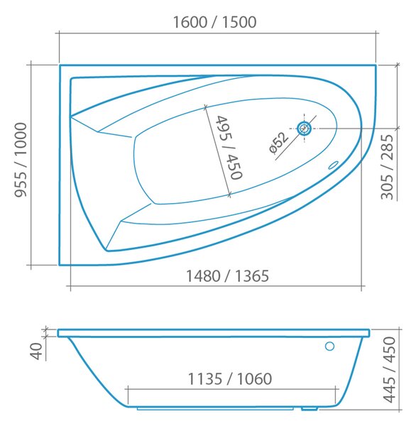 Roltechnik Outlet Asymetrická akrylátová vaňa iBATH ASYMMETRIC NEO ROTH-Variant: rozmery: 150x95 cm, orientácia: Pravá - (iBATH_ASYMMETRIC_NEO_150P - 9160000)