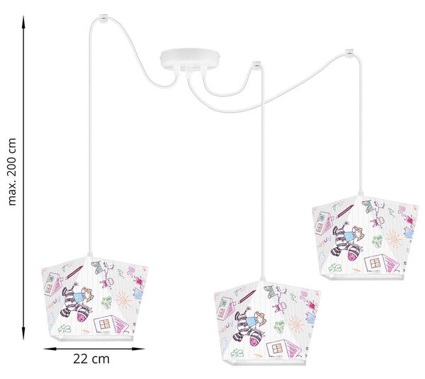 Detské závesné svietidlo Diamond Spider, 3x biele textilné tienidlo so vzorom