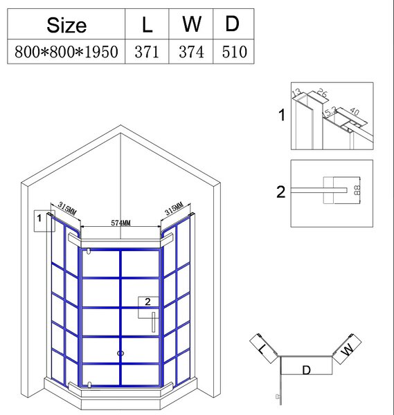 BPS-koupelny Päťuholníkový sprchovací kút BS06A 80x80 čierna/transparent - bez vaničky