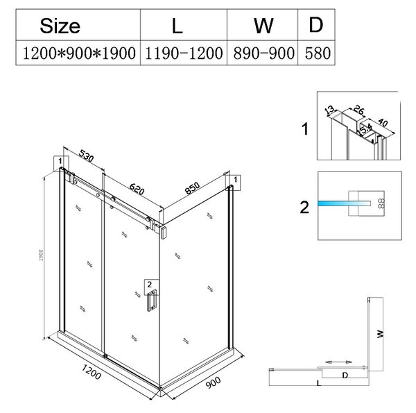 BPS-koupelny Obdĺžnikový sprchovací kút BS14C 120x90 čierna/transparent - bez vaničky