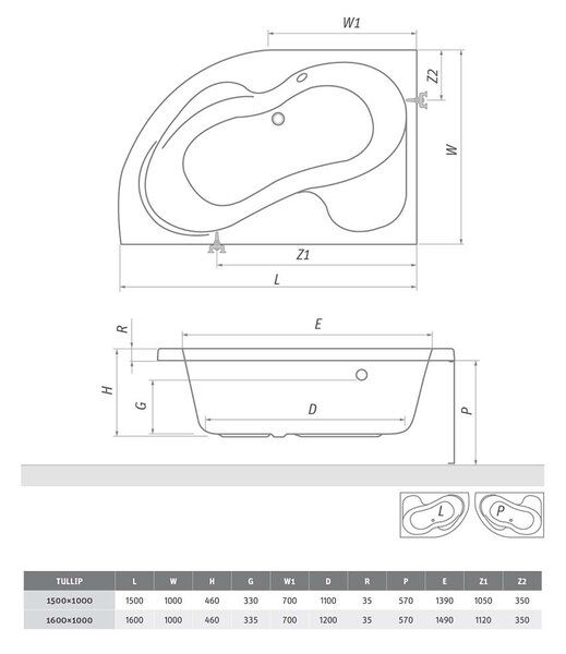 Roth Asymetrická akrylátová vaňa TULLIP ROTH-Variant: rozmery: 150x100 cm, orientácia: ľavá - (TULLIP /150 L - 5157000)