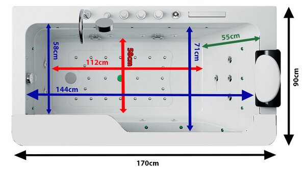 BPS-koupelny Hydromasážna vaňa NEVADA 912 WH 170x90 BIELA s ohrevom vody