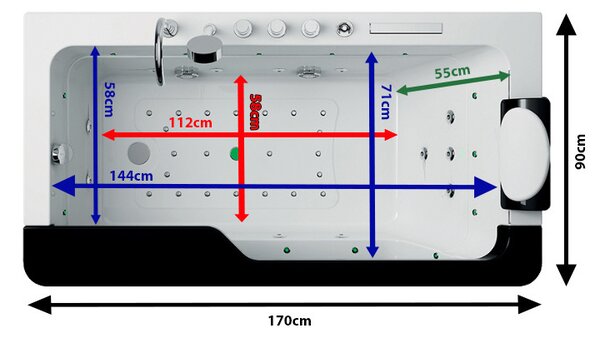 BPS-koupelny Hydromasážna vírivá vaňa NEVADA 912 BL 170x90 ČIERNA s ohrevom vody