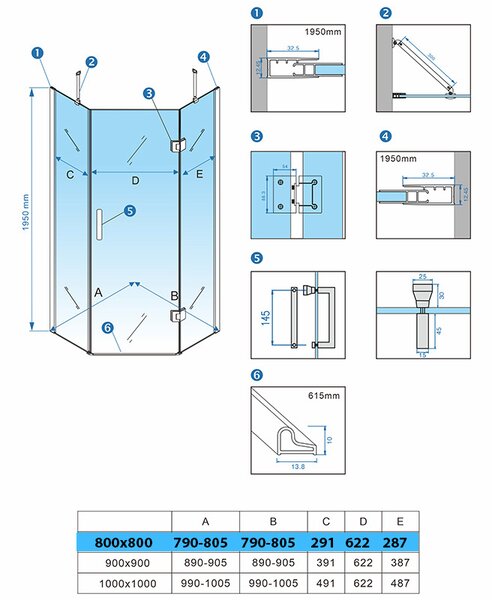 BPS-koupelny Päťuholníkový sprchovací kút KZ10A 80x80 BL čierna/transparent - bez vaničky