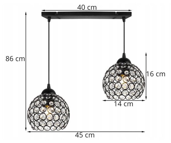 Závesné svietidlo Crystal, 2x čierne krištáľové tienidlo