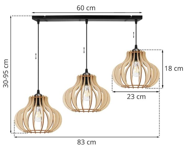 Závesné svietidlo Timber 3, 3x drevené tienidlo