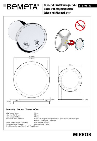 Bemeta Design Kozmetické zrkadlo, ø 151 mm, samolepiace - 112101150